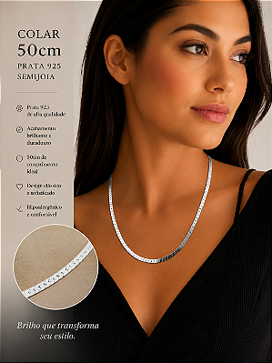 Colar Fita Laminada de 4mm espessura - medida 50cm Banho Prata 925 Semijoia camada 50 milésimos com verniz Italiano - 1 Unidade