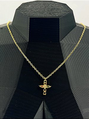 Colar cadeado com pingente cruz cravejada em ziconia colorida banho ouro 2 milésimos com verniz italiano - 1 unidade