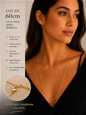 Colar Veneziana 60 cm *Banho 5 Milésimos Ouro* Semijoia * com Alongadora extensora de 7cm e Fecho de Latão Com Verniz Protetivo italiano - Bitola 0,80Mm - 1 Unidade