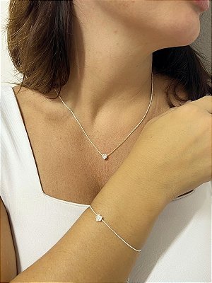 Conjunto Veneziana Ponto de Luz Coração - Prata Semijoia 925 com 50 milésimos de camada - 1 colar + 1 pulseira + 1 par de brinco