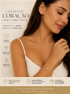 Conjunto Veneziana Ponto de Luz Coração - Banho ouro 2 milésimos de camada - 1 colar + 1 pulseira + 1 par de brinco