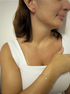 Conjunto Veneziana Ponto de Luz Coração - Banho ouro 2 milésimos de camada - 1 colar + 1 pulseira + 1 par de brinco