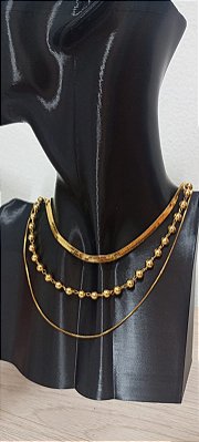 Kit Choker com 3 modelos Banho ouro 2 milésimos e verniz protetivo - 3 unidades de 40cm cada
