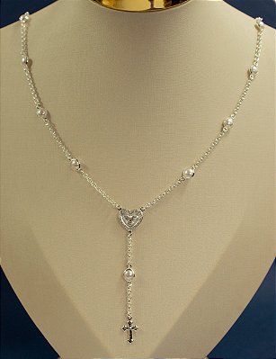 Colar Terço Espírito Santo em Prata Banho 925 Semijoia medida 60cm com extensor