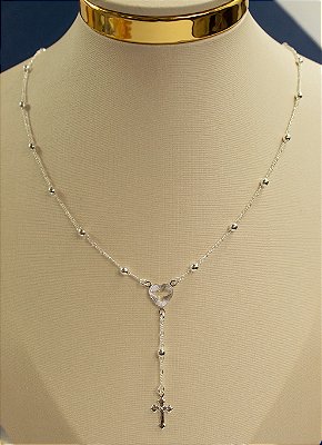 Colar Terço Espírito Santo em Prata Banho 925 Semijoia medida 60cm com extensor