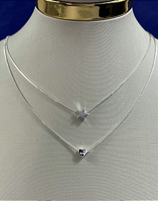 Colar Duplo Estrela Coracao Prata 925 Semijoia - Banho 50 milésimos - 1 unidade com 40cm