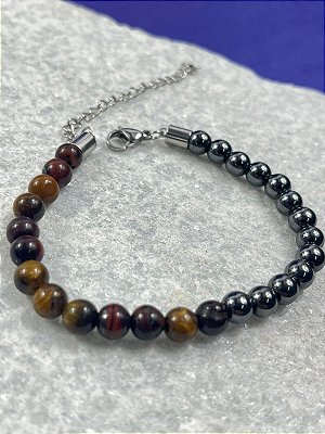 Pulseira Pedra Natural com hematita acabamento em aço inox antialergica - medida 17cm + 7cm de extensora