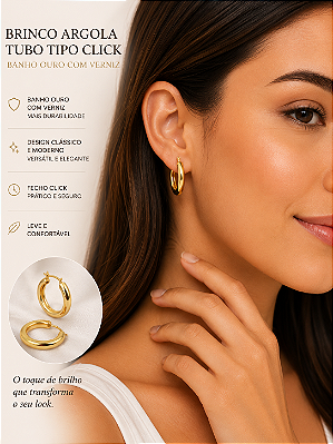 Brinco Argola tubo 20mm Banho Ouro 2 milésimos com verniz italiano - 1 par