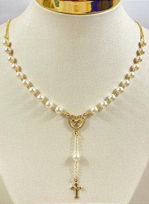 Colar Terço Espírito Santo com pérola banho Ouro 2 milésimos com verniz - 1 unidade com extensor