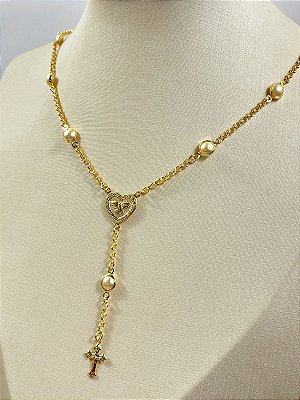 Colar Terço Espírito Santo com pérola banho Ouro 2 milésimos com verniz - 1 unidade com extensor