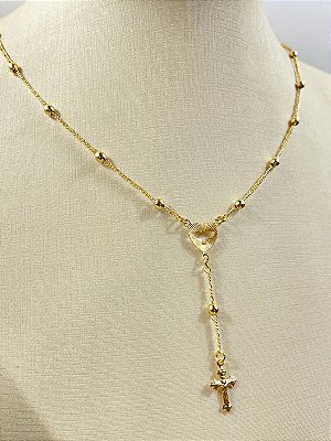 Colar Terço Espírito Santo com pérola banho Ouro 2 milésimos com verniz - 1 unidade com extensor