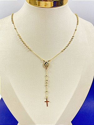 Colar Terço Espírito Santo com pérola banho Ouro 2 milésimos com verniz - 1 unidade com extensor