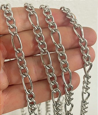 Corrente Aço inox 3x1 trabalhada - Antialergica - Nao Escurece Nunca - 1 metro