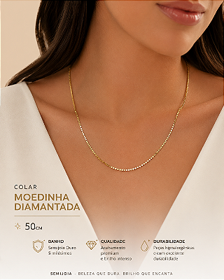 Colar Moedinha diamantada 50cm Banho Semijoia Ouro 5 milésimos com 10cm de exntensora - 1 unidade