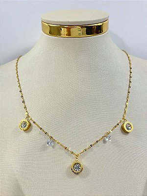 Colar Aço inox dourado com zirconia - 1 unidade - medida 45cm