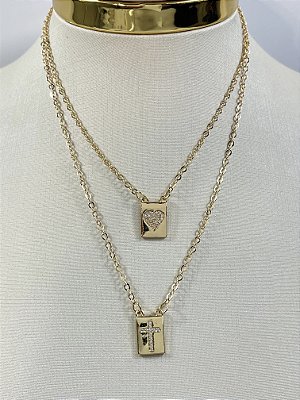 Escapulário com pingente cravejado Zirconia - 60cm - Banho ouro