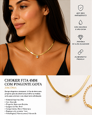 Choker colar fita 4mm com pingente gota Zirconia - com extensora - 1 unidade