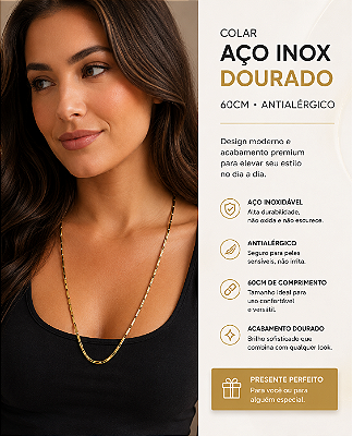 Colar Aço Inox Dourado com 60cm - Antialergico - 1 unidade