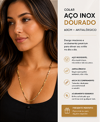 Colar Aço Inox Dourado com 60cm - Antialergico - 1 unidade