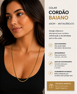 Colar Aço Inox Dourado cordao baiano com 60cm - Antialergico - 1 unidade