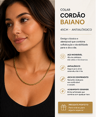 Colar Aço Inox Dourado cordao baiano com 45cm - Antialergico - 1 unidade