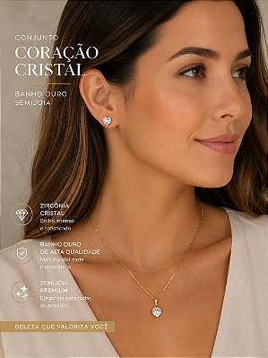Conjunto Zirconia cristal banho ouro Semjoia 5 milésimos com verniz - 1 colar + 1 par de brinco
