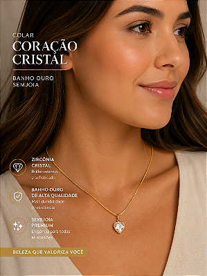 Colar Zirconia cristal banho ouro Semjoia 5 milésimos com verniz - 1 colar com pingente coracao
