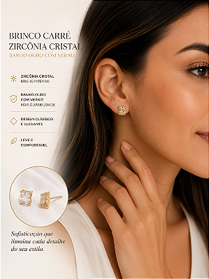Brinco Carre Zirconia quadrado - Banho ouro 2 milesimos com verniz protetivo - 1 par