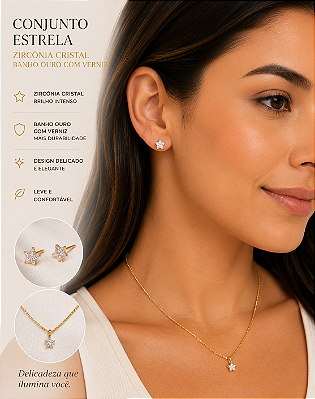Conjunto Colar e Brinco estrela zirconia cristal banho ouro 2 milésimos com verniz - 1 colar com pingente + brinco