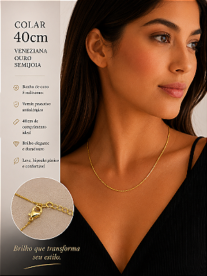Colar Veneziana 40cm *Banho 5 Milésimos Ouro* Semijoia * com 10cm de Alongadora extensora Fecho de Latão Com Verniz Protetivo italiano - Bitola 0,80Mm - 1 Unidade