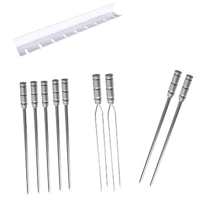 Kit / Conj. suporte + 5 espetos simples + 2 espetos duplo + 2 espetos p/coração cabo alumínio 60 cm de lâmina