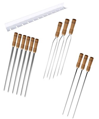 Kit / Conj. suporte + 6 espetos simples + 3 espetos duplo + 3 espetos p/coração cabo madeira 80 cm de lâmina