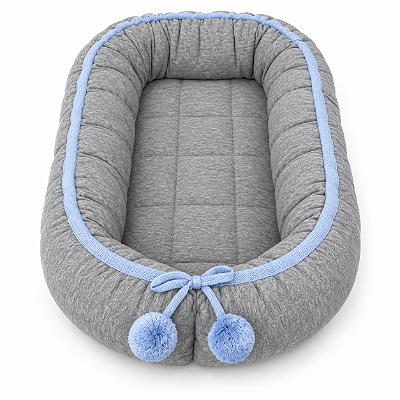 Ninho Básico - Malha Jacquard Cinza / Cordão Tricot Azul Canto Com Pompom