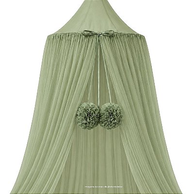 Dossel Tenda Mosquiteiro Com Pingente Pompom - Verde - prontaentrega
