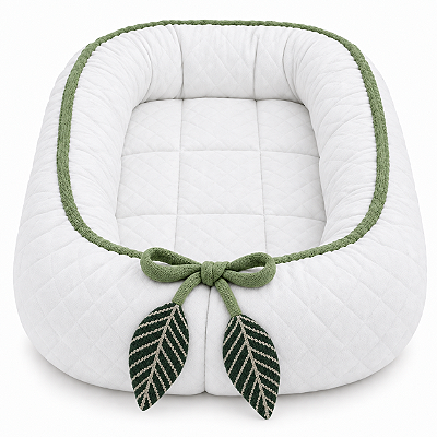Ninho Básico - Malha Jacquard Branco / Cordão Tricot Verde Limonada Com Pingente Folhas