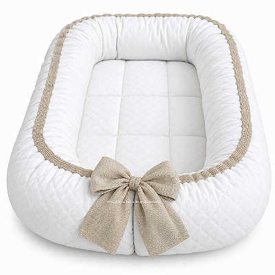 Ninho Básico - Malha Jacquard Branco / Cordão Tricot Bege Nuvem Com Laço
