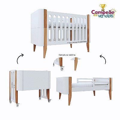 Berço Bo Palitado - 3 em 1 - Branco/Jequitibá - prontaentrega