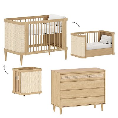 Combo Paglia - Berço 3 em 1 + Cômoda Paglia 4 Gavetas Com 1 Tela Rattan + prontaentrega
