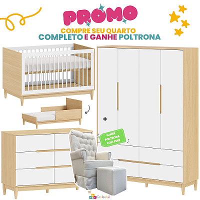 Quarto Completo - Tomi - Berço + Cômoda 6 Gavetas + Roupeiro 4 Portas - Branco Com Carvalho