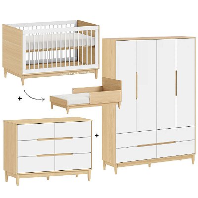 Quarto Completo Tomi - Berço 2 Em 1 + Cômoda 6 Gavetas + Roupeiro 4 Portas - Branco Com Carvalho