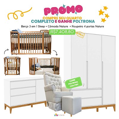 Quarto Completo - Berço Sleep Madeira + Comoda Nature com Porta 20568 + Roupeiro 3 Portas Nature 71290 - Poltrona Sonhos Com Puff de BRINDE - Linho Bege