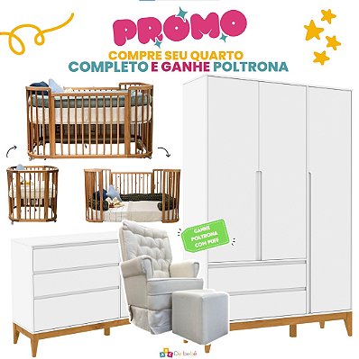 Quarto Completo - Berço Sleep Madeira + Comoda Nature com Porta 20568  + Roupeiro 3 Portas Nature 71290 - Poltrona Sonhos Com Puff de BRINDE - Linho Bege