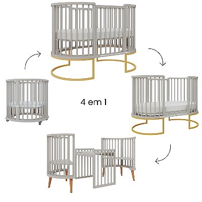 Berço Sonhos Redondo / Oval - 4 em 1 - Cinza / Pés Metalicos Dourados