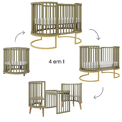 Berço Sonhos Redondo / Oval - 4 em 1 - Verde Cacto / Pés Metálicos Dourado