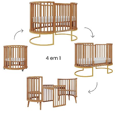 Berço Sonhos Redondo / Oval - 4 em 1 - Jequitibá / Pés Metálicos Dourado