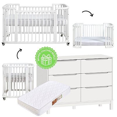 Conjunto - Berço Evolutivo 3 em 1 Sleep + Cômoda Cozy - Branco - BRINDE: Colchões De Berço e Mini Berço