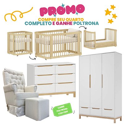 Quarto Completo - Berço Carvalho 3 em 1 + Cômoda 6 Gavetas Cozy + Roupeiro 3 Portas Cozy - Branco com carvalho - BRINDE: Poltrona Sonhos com Puff e Balanço: Tecido Linho Bege