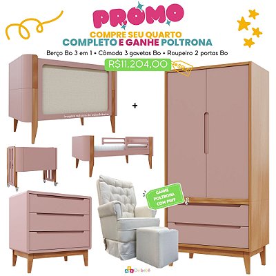 Quarto Completo - Berço Bo 3 em 1 Palha + Cômoda 3 Gavetas Bo + Roupeiro 2 Portas Bo - Rose / Jequitiba - BRINDE: Poltrona Sonhos com Puff e Balanço: Tecido Linho Bege