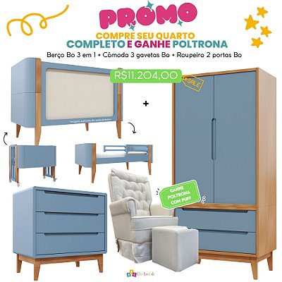 Quarto Completo - Berço Bo 3 em 1 Palha + Cômoda 3 Gavetas Bo + Roupeiro 2 Portas Bo - Azul Sereno/ Jequitiba - BRINDE: Poltrona Sonhos com Puff e Balanço: Tecido Linho Bege