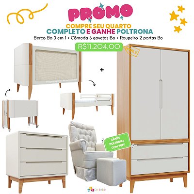 Quarto Completo - Berço Bo Palha 3 em 1 + Cômoda 3 Gavetas Bo + Roupeiro 2 Portas Bo Com Madeira - Areia / Jequitiba - BRINDE: Poltrona Sonhos com Puff e Balanço: Tecido Linho Bege